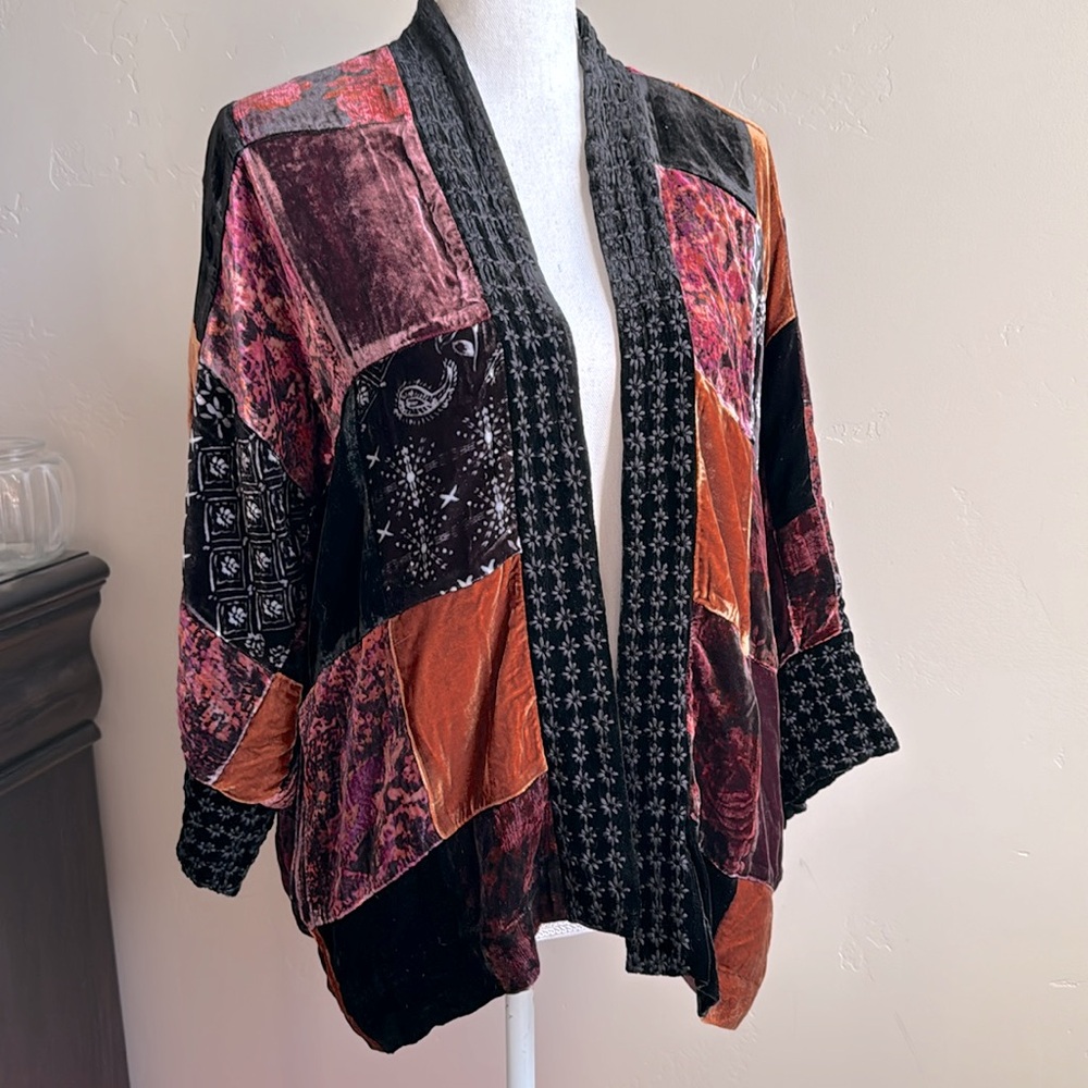 JOHNNY WAS Silk KIMONO Jacket CROPPED PATCHWORK VELVET
